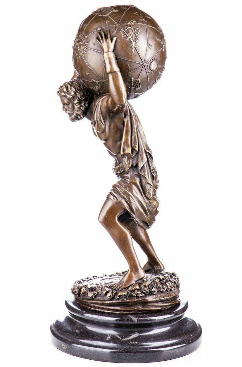 Atlas Bearer Of The Globe Mythology Sculpture, Large Bronze Sculpture On Marble Base, Vintage Figurine, Signed, Foundry Mark photo furniture