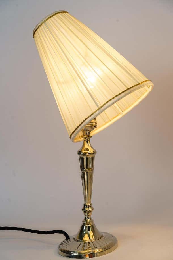 737.0 2 Table Lamps Alpaca With Oval Base And Fabric Shades Vienna Around 1920s photo