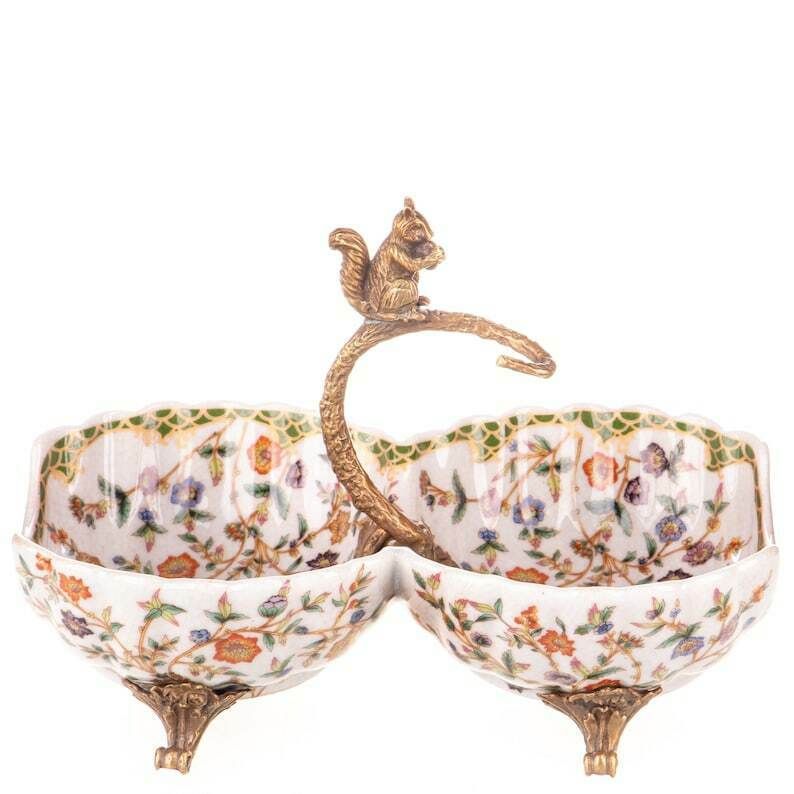 Bronze Mounted Porcelain Double Serving Bowl With Squirrel Figurine, Art Nouveau Style Art Gift Snack Bowl Centerpiece With Bronze Ornaments