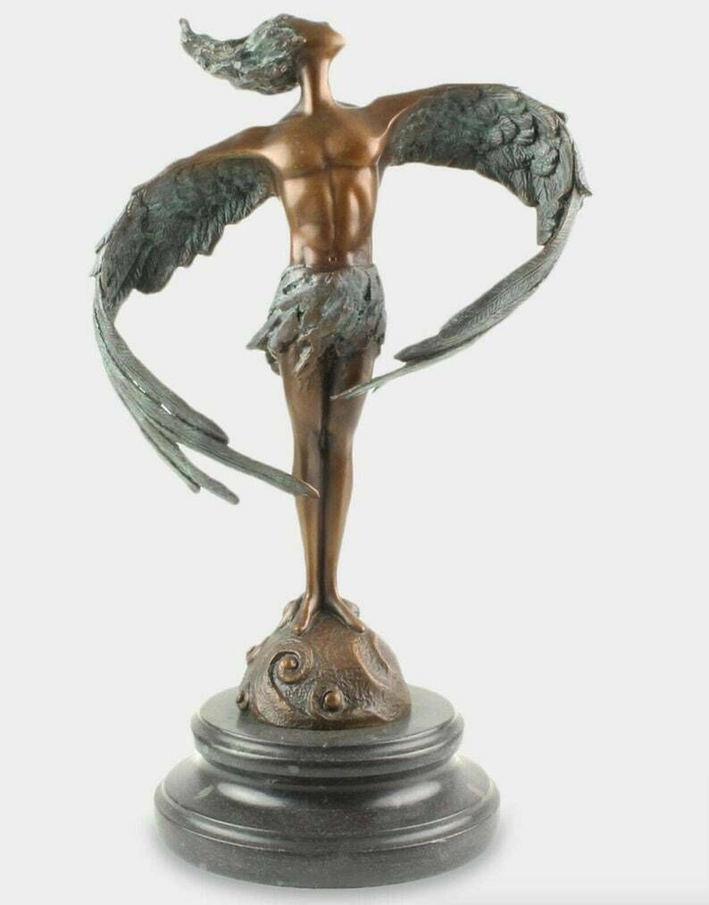 Winged Man Bronze Sculpture On Marble Base, Modernist Nude Male Figurine, Decorative Statue, Exclusive Gift Idea