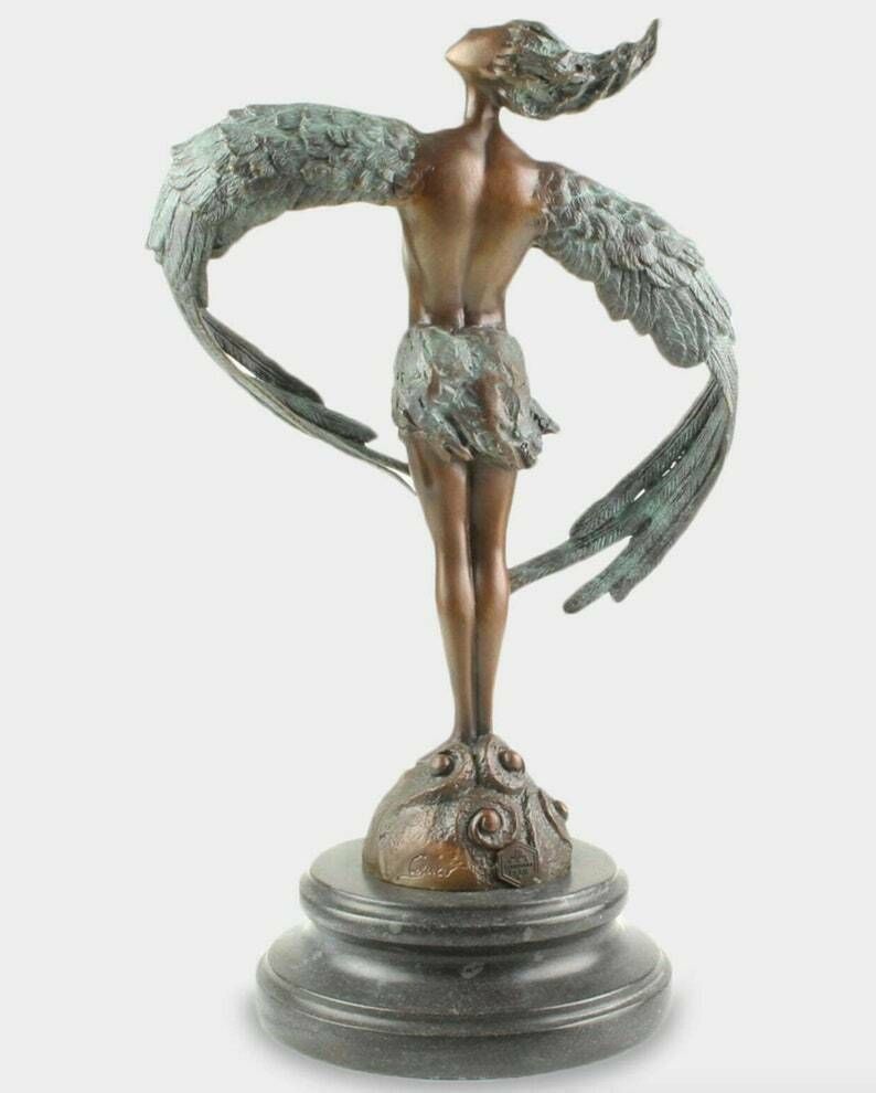 Winged Man Bronze Sculpture On Marble Base, Modernist Nude Male Figurine, Decorative Statue, Exclusive Gift Idea photo furniture