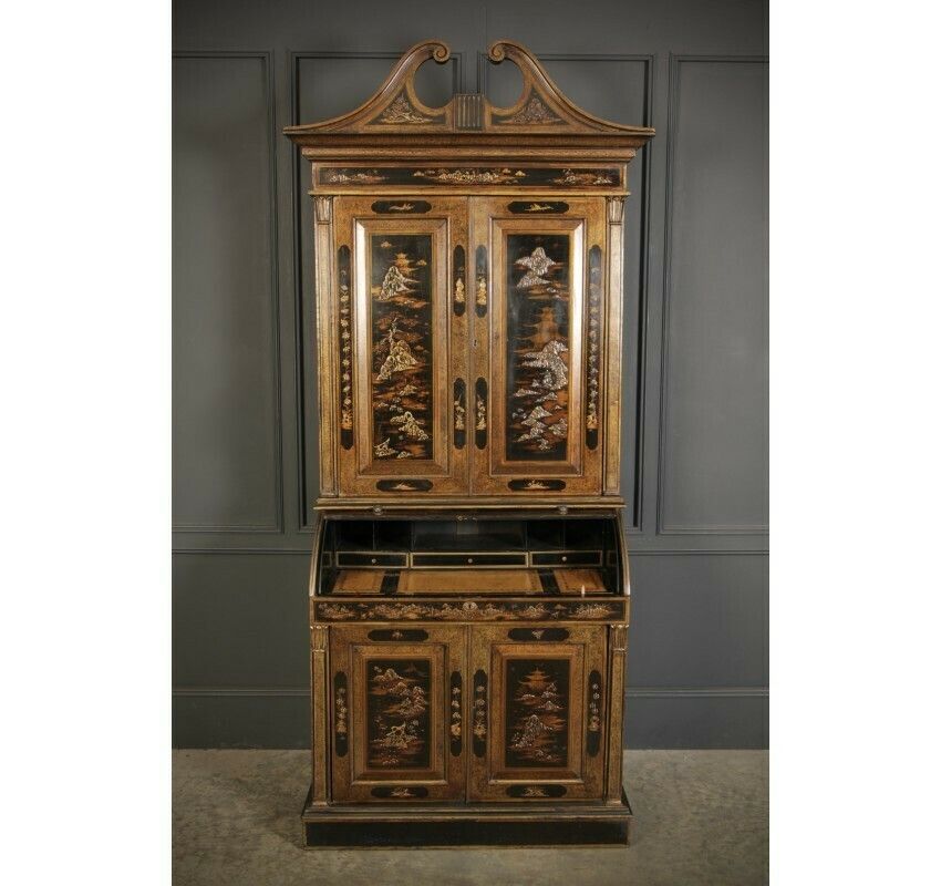 Magnificent Early 19th Century Chinoiserie Black Lacquered Bureau Bookcase photo vinterior
