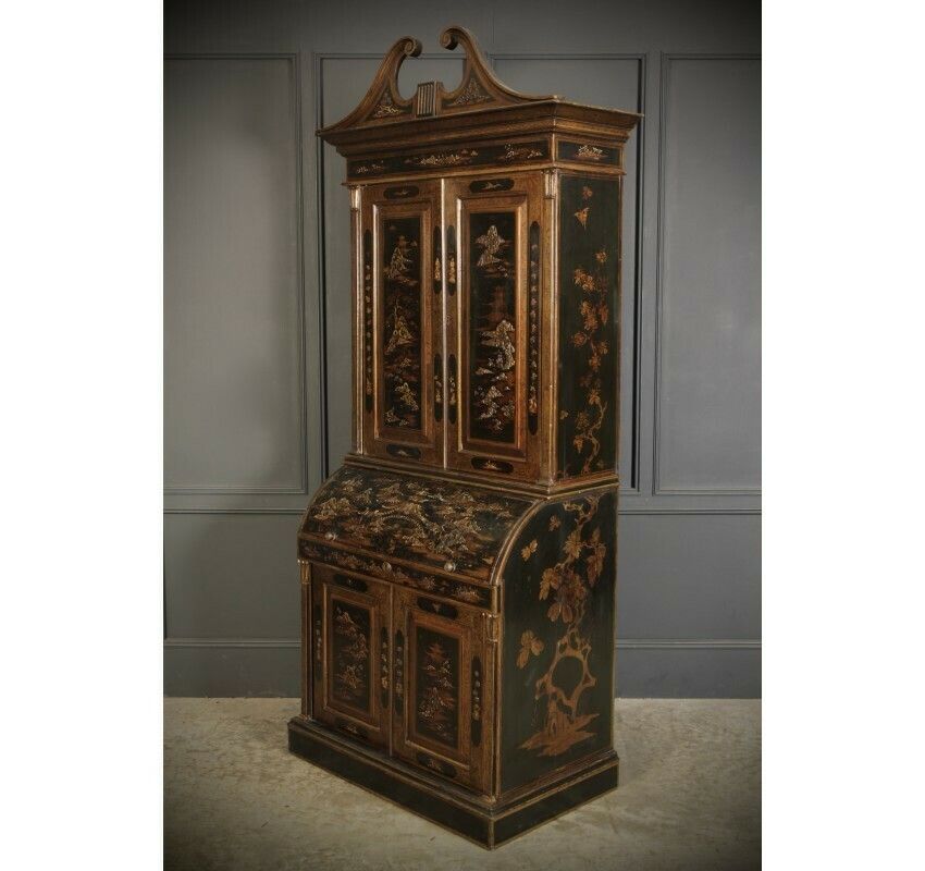 Magnificent Early 19th Century Chinoiserie Black Lacquered Bureau Bookcase photo vintage