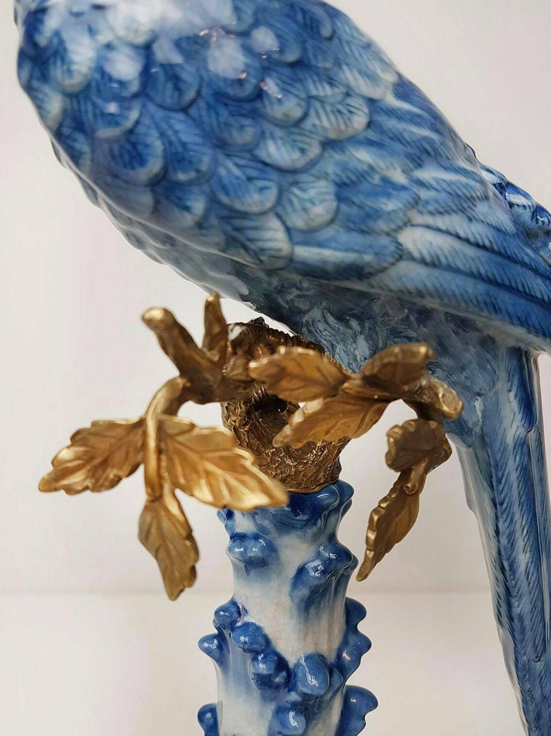 Pair Of Gilt Art Nouveau Style Brass Porcelain Parrot Standing Candlesticks photo vinterior