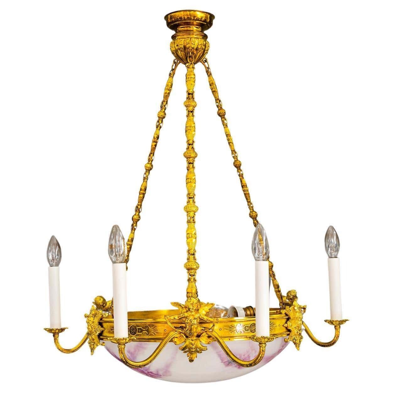 Fire Gilted Art Deco Chandelier With Original Glass Shade Around 1920s