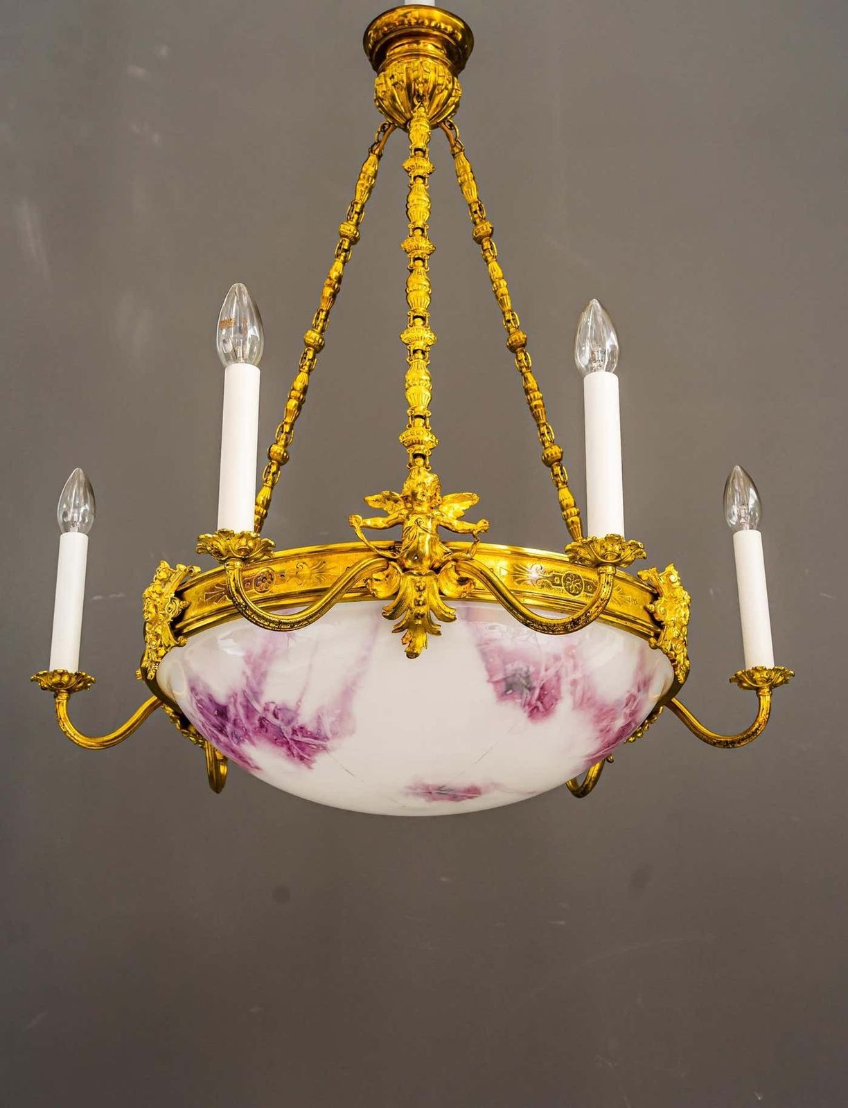 Fire Gilted Art Deco Chandelier With Original Glass Shade Around 1920s photo for sale