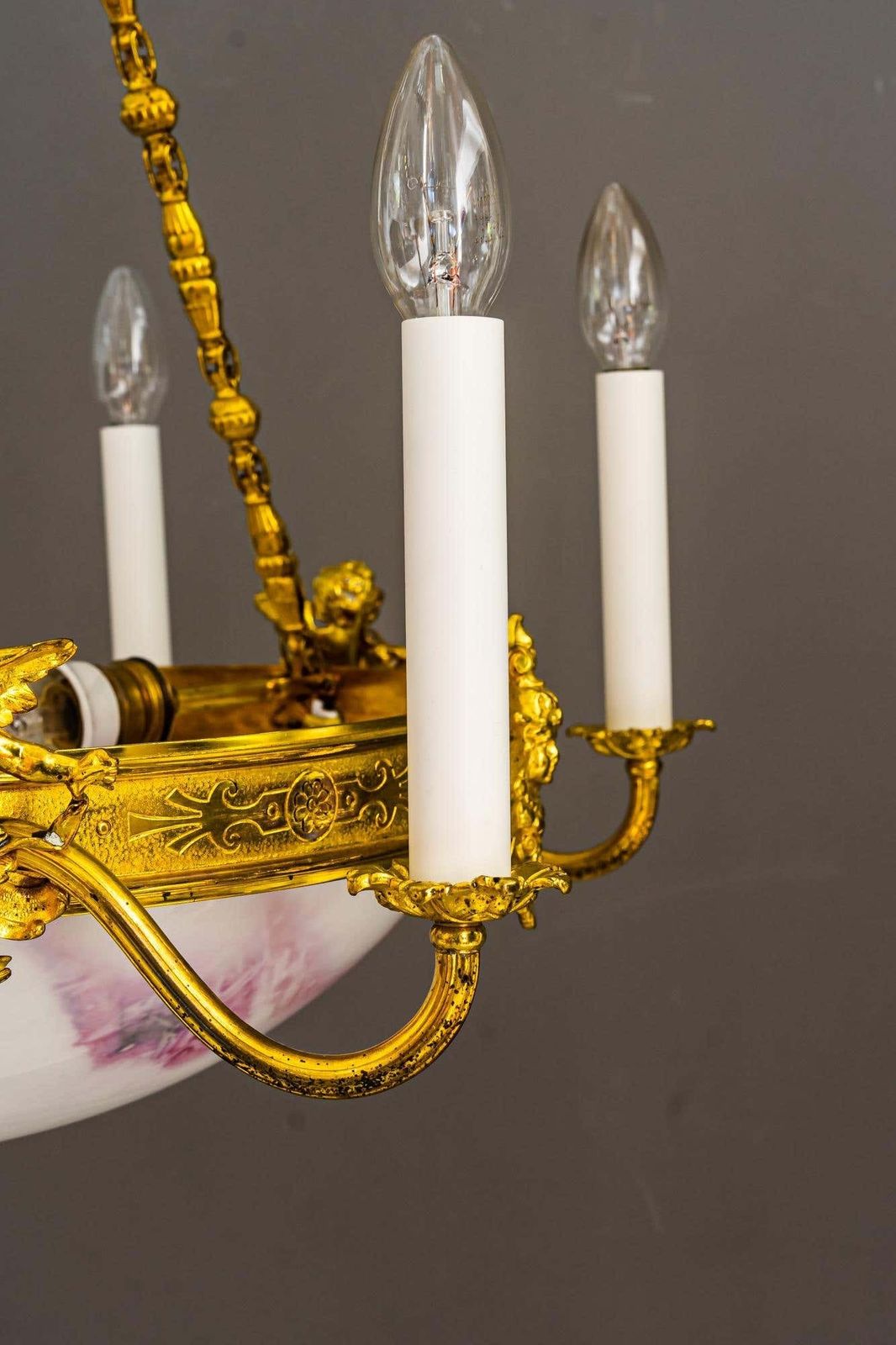 photo furniture Fire Gilted Art Deco Chandelier With Original Glass Shade Around 1920s