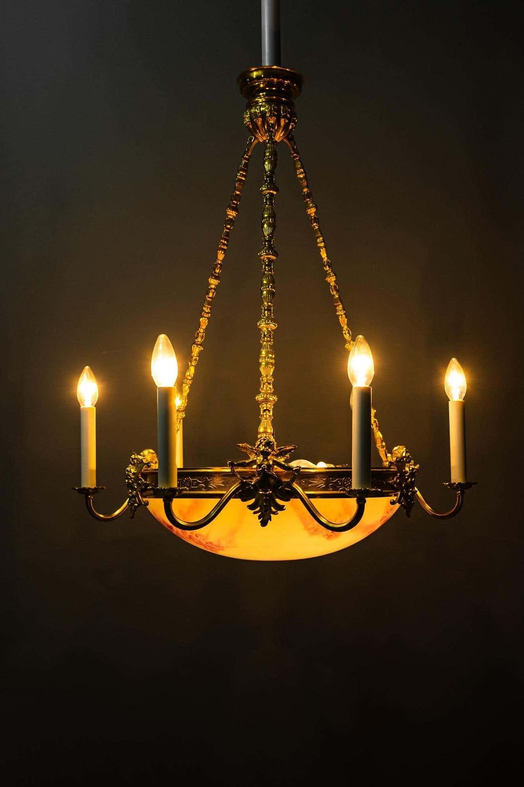 Lighting Fire Gilted Art Deco Chandelier With Original Glass Shade Around 1920s photo