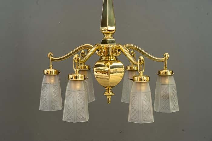 Art Deco Chandelier With Original Glass Shades Vienna Around 1920s photo for sale