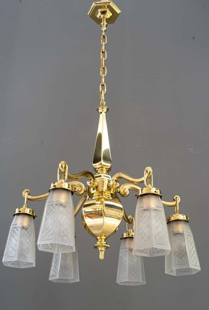 photo for sale Art Deco Chandelier With Original Glass Shades Vienna Around 1920s