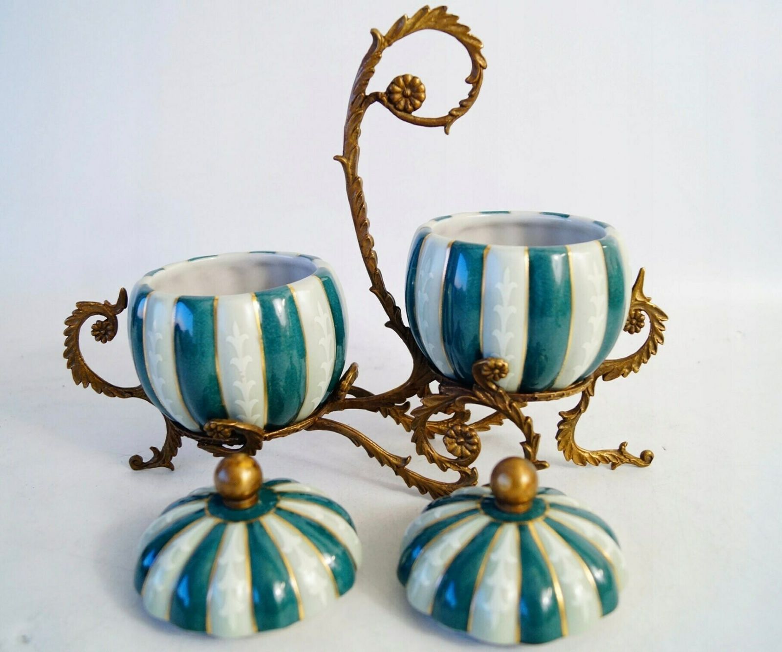 Porcelain Salt And Pepper Shakers On A Carved Antique Bronze Stand photo for sale