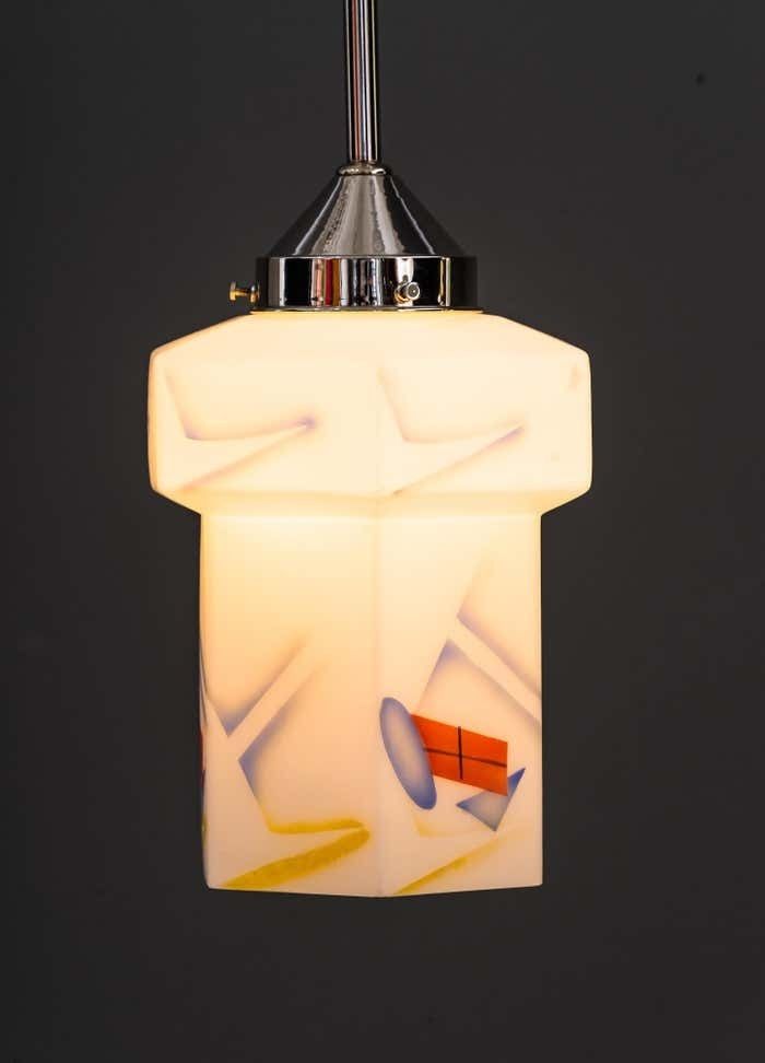 Art Deco Nickel, Plated Pendant With Original Glass Shade Around 1920s photo vintage
