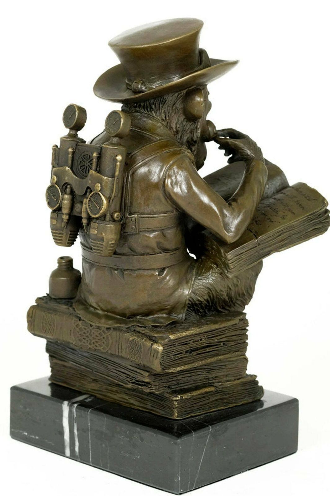 Bronze Steampunk Sculpture Of A Monkey On A Pile Of Books Philosophizing Monkey Statue Bronze photo for sale