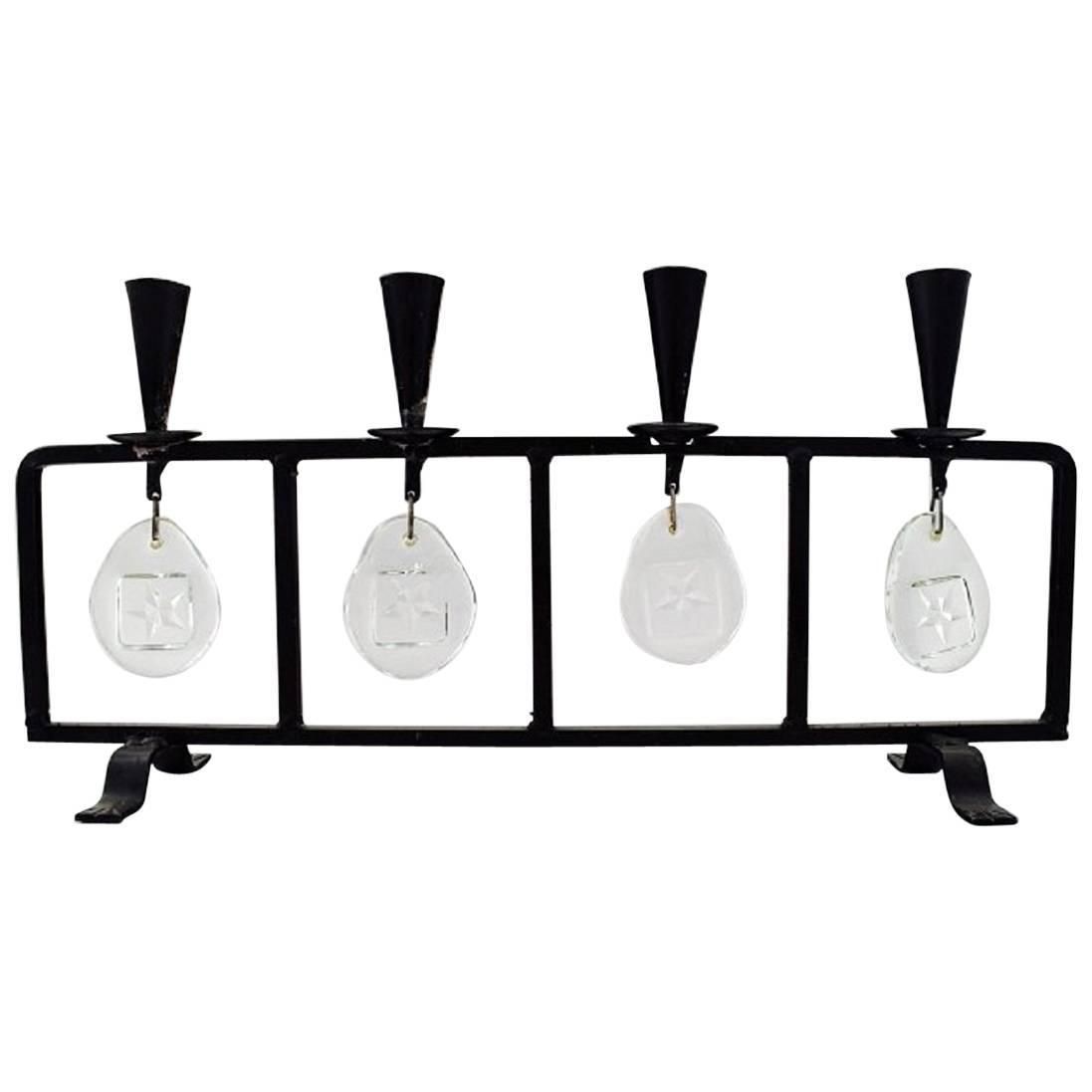 Erik Höglund For Kosta Boda, Candleholder In Cast Iron With Mouth Blown Glasses