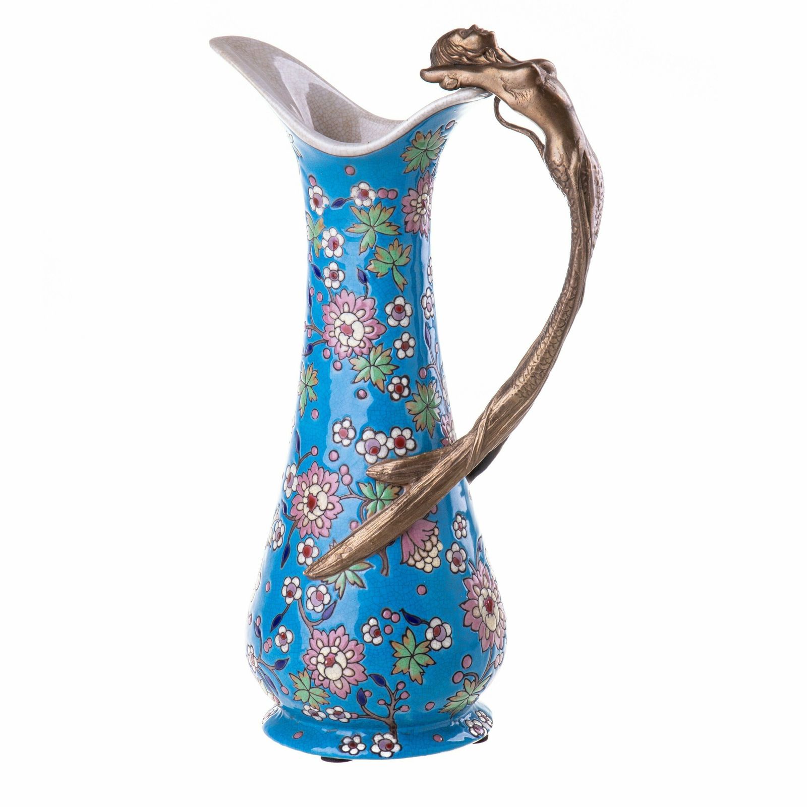 Decorated Decanter With A Porcelain And Bronze Mermaid Art Nouveau Style