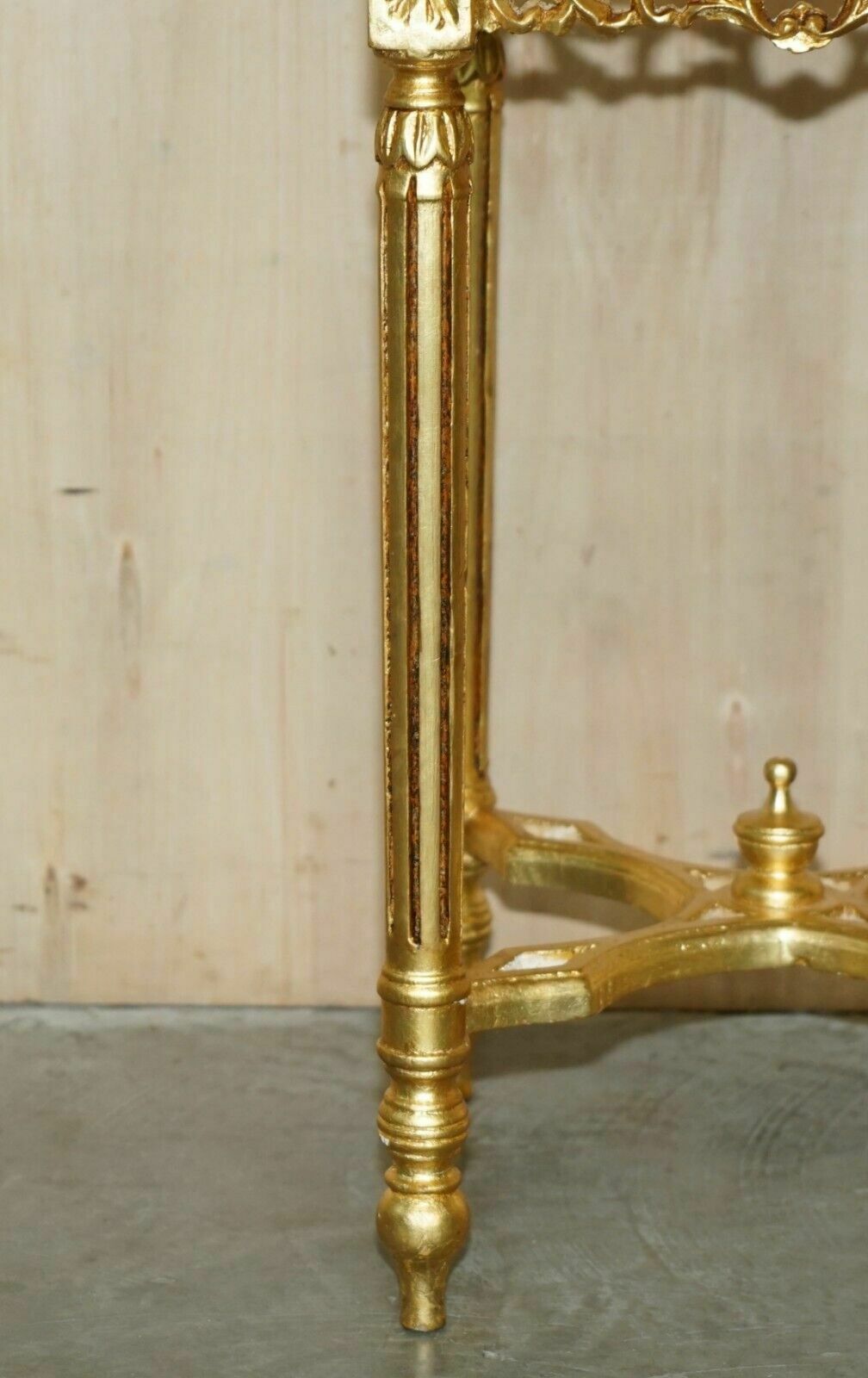 photo for sale Pair Of Italian Circa 1880 Gold Giltwood Marble Topped Side End Lamp Wine Tables