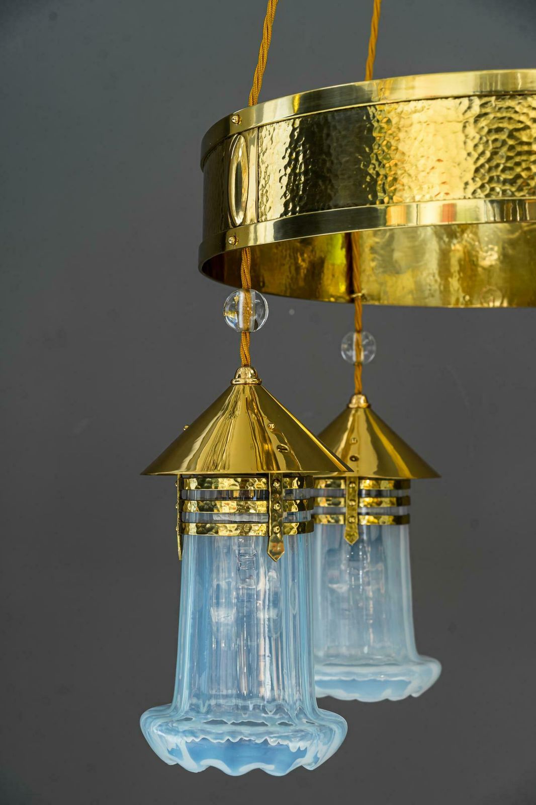Hammered Art Deco Chandelier With Opaline Glass Shades, Vienna, Around 1920 photo vinterior