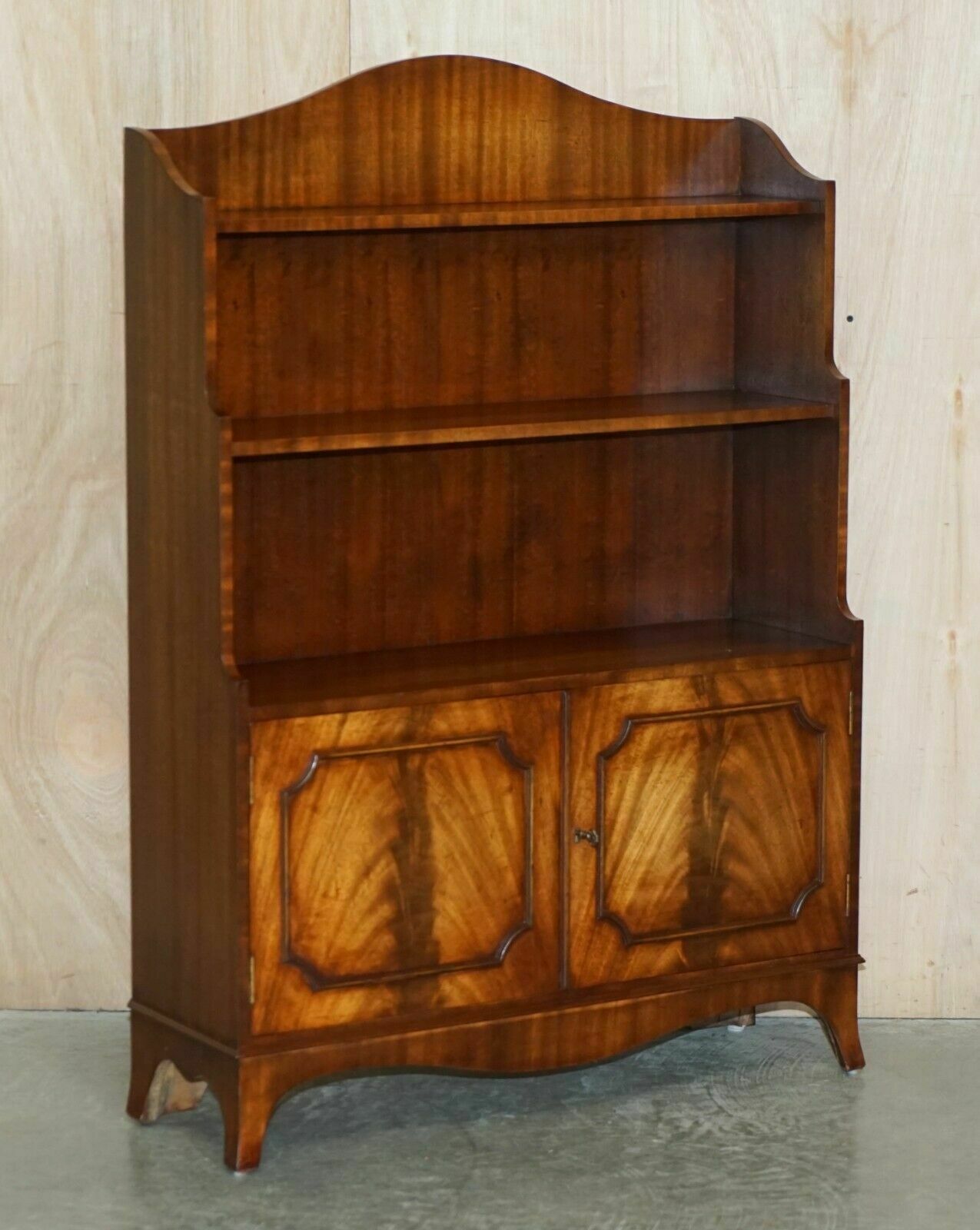Stunning Pair Of Flamed Mahogany Dwarf Waterfall Open Library Bookcases Cupboard photo furniture