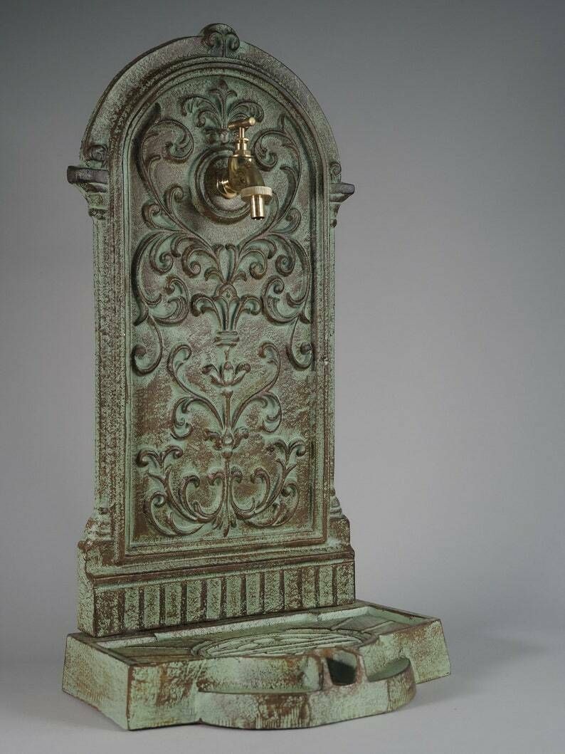Antique Style Green Cast Iron Wall Fountain , Sink With Brass Faucet Tap, Fountain Metal Wall Sink, Patio & Wall Ornament Garden photo furniture