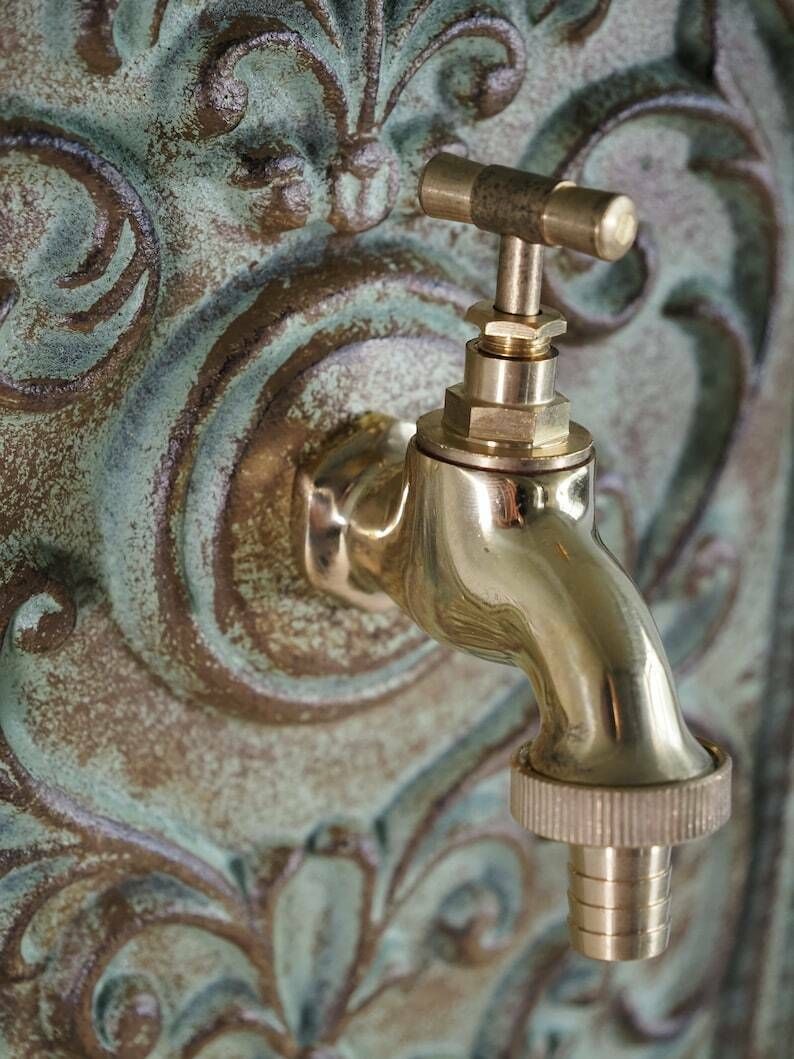 Antique Style Green Cast Iron Wall Fountain , Sink With Brass Faucet Tap, Fountain Metal Wall Sink, Patio & Wall Ornament Garden photo vinterior