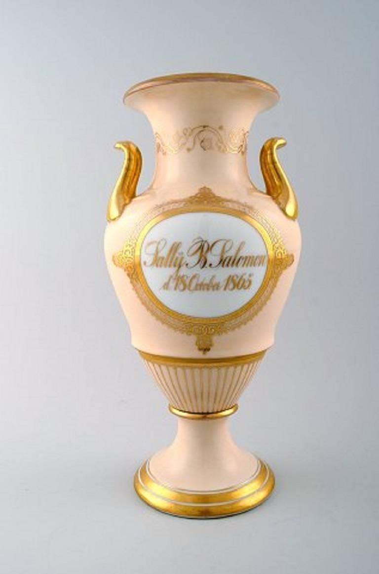 Large B&G, Bing & Grondahl Vase In Pink With Handles In Gold, Early Stamp photo for sale