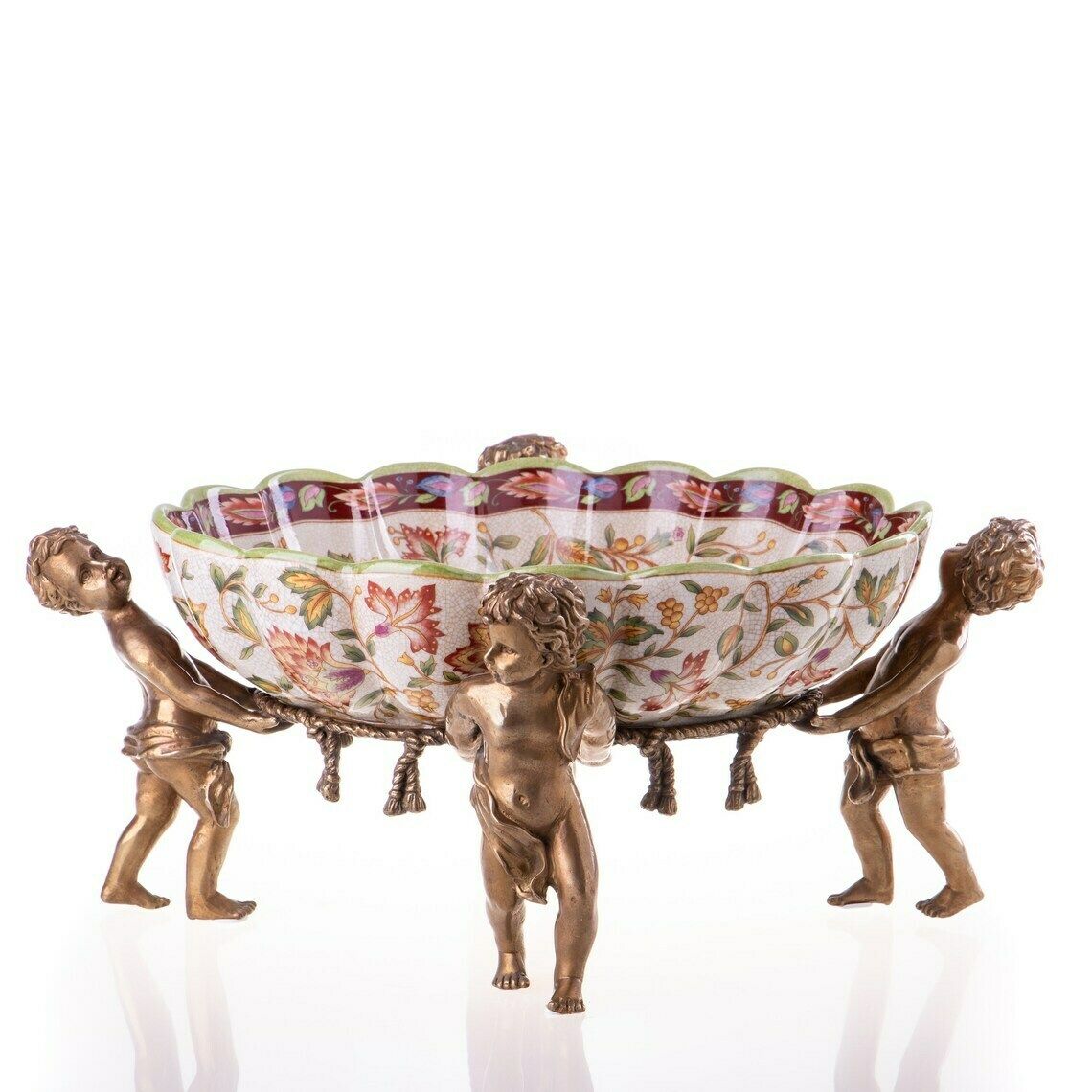 Large Decorative Bowl, Plateau Made Of Porcelain And Bronze, Angels And Birds, Antique Home Deco