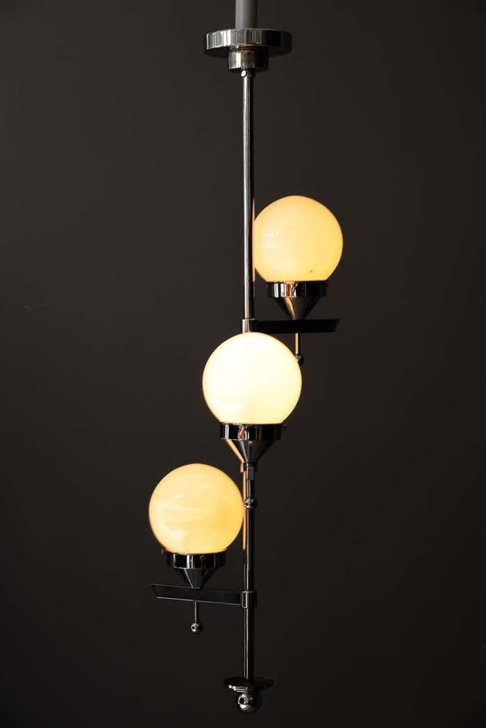 photo for sale Art Deco Chromed Chandelier With Opal Glass Shades Around 1920s