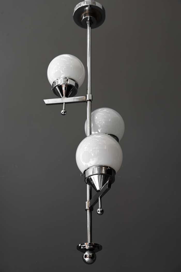 Lighting Art Deco Chromed Chandelier With Opal Glass Shades Around 1920s photo