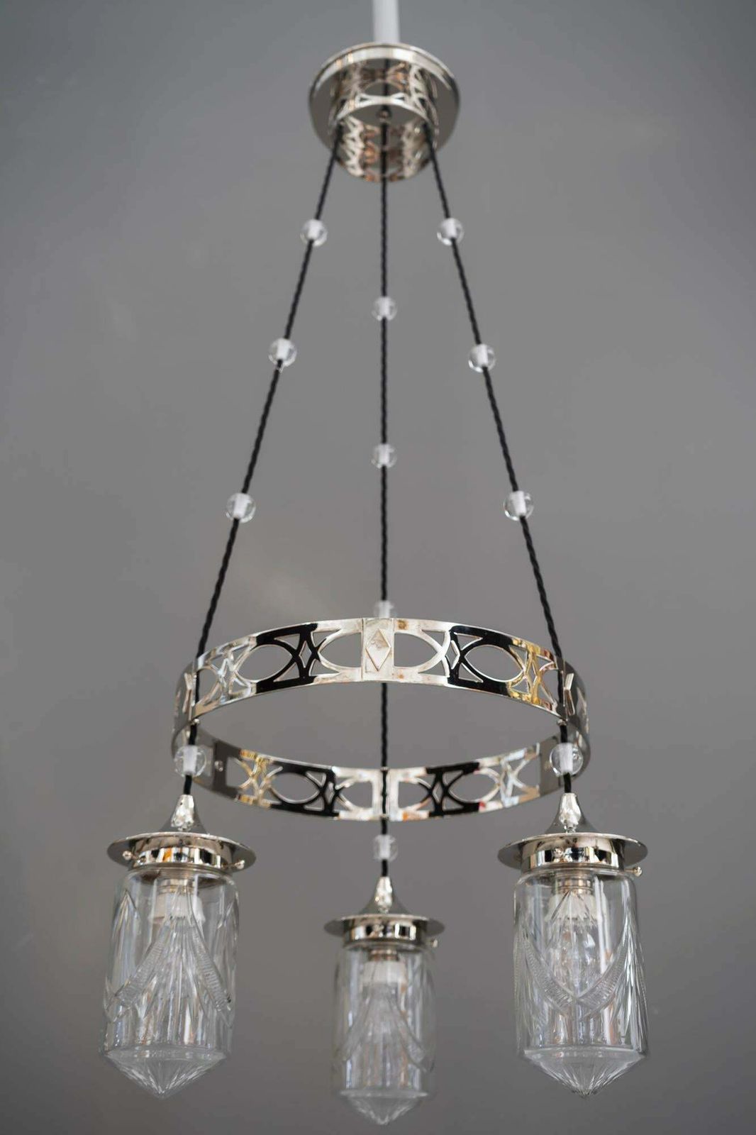 Lighting Nickel Plated Art Deco Chandelier With Original Cut Glasses, Circa 1920s photo