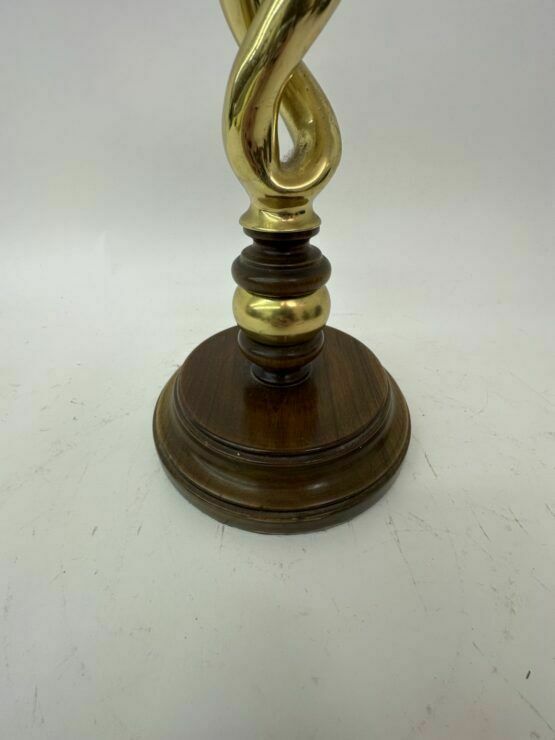 Large Antique Brass Candle Stick With Wooden Details , 1930’s photo for sale
