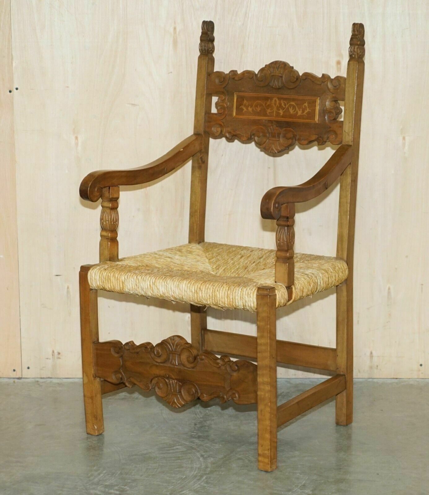 Eight Fine Walnut Circa 1900 Ornately Hand Carved Dutch Rush Seat Dining Chairs photo furniture