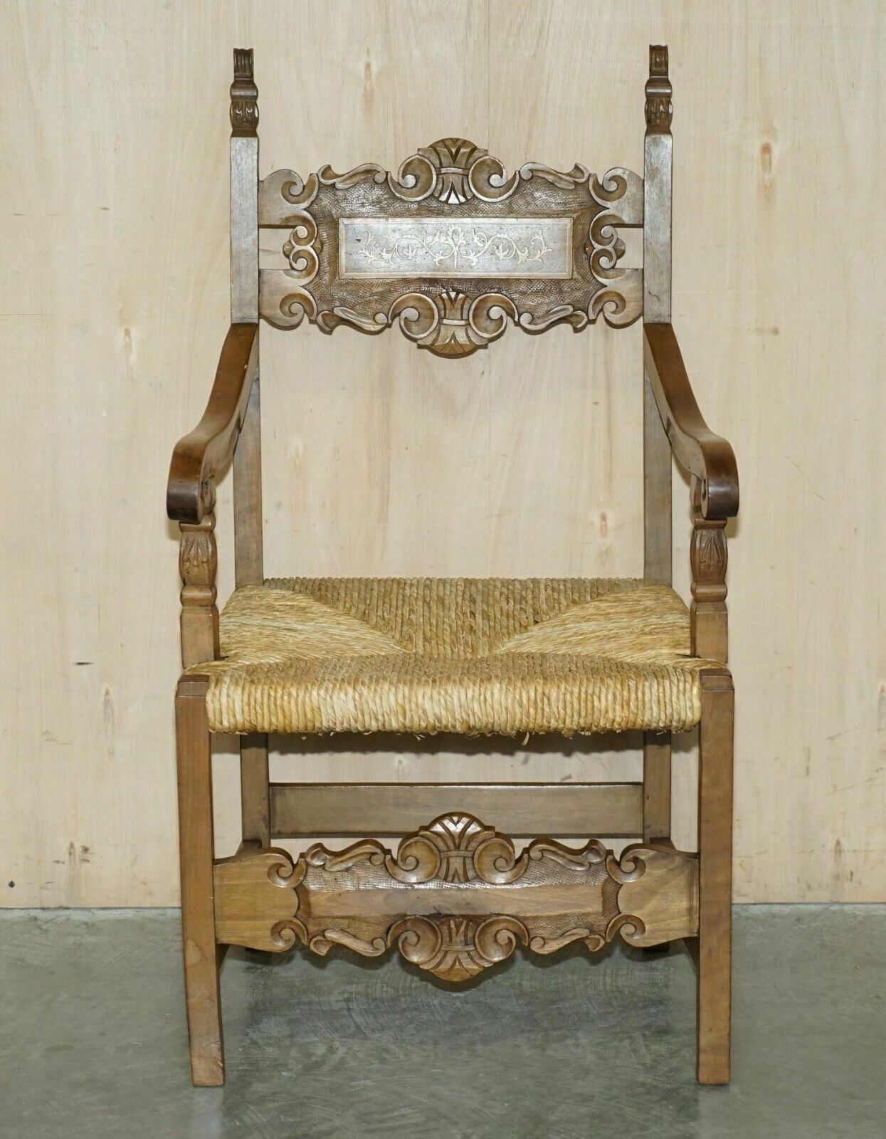 Eight Fine Walnut Circa 1900 Ornately Hand Carved Dutch Rush Seat Dining Chairs photo for sale