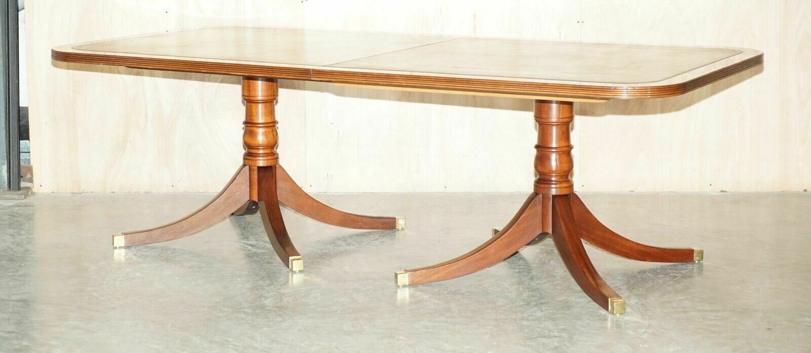 Flamed Mahogany 8 12 Person Extending Dining Library Table Green Leather Top photo furniture