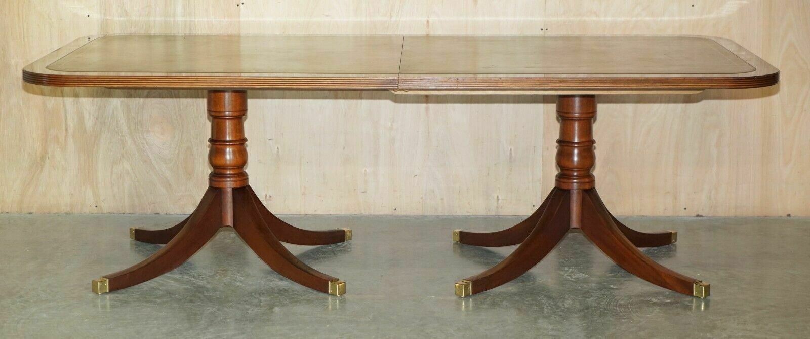 Flamed Mahogany 8 12 Person Extending Dining Library Table Green Leather Top photo for sale