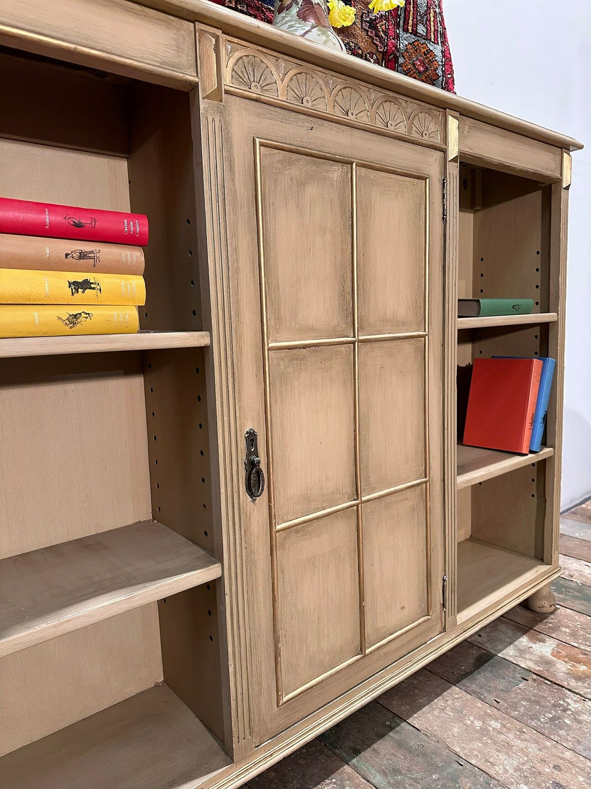 1950's Bookshelf W/ Central Cupboard Reeding And Gilded Details photo vintage