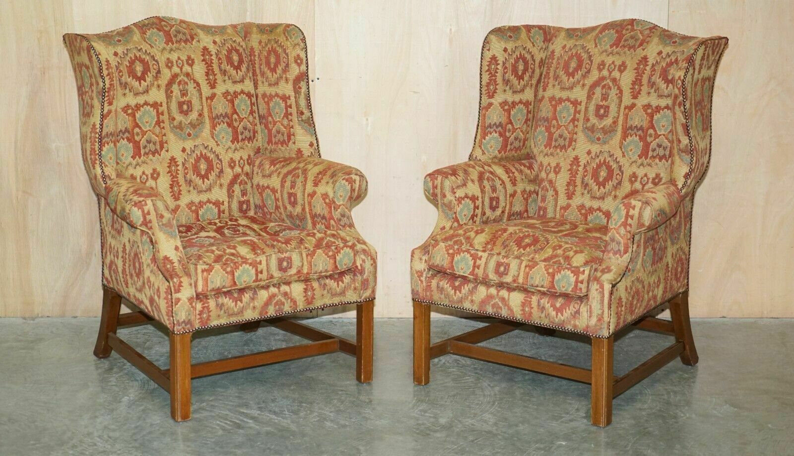Pair Of Lovely George III Style Wingback Armchairs With Kilim Pattern Uphosltery