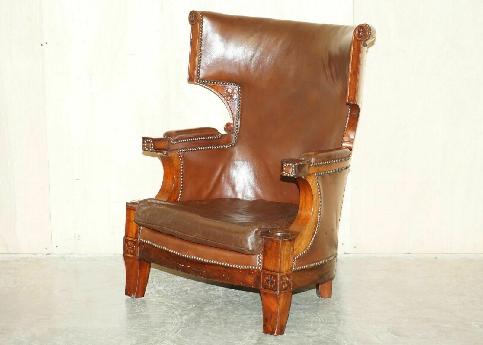 Antique Restored William IV Period Circa 1830 Wingback Brown Leather Armchair
