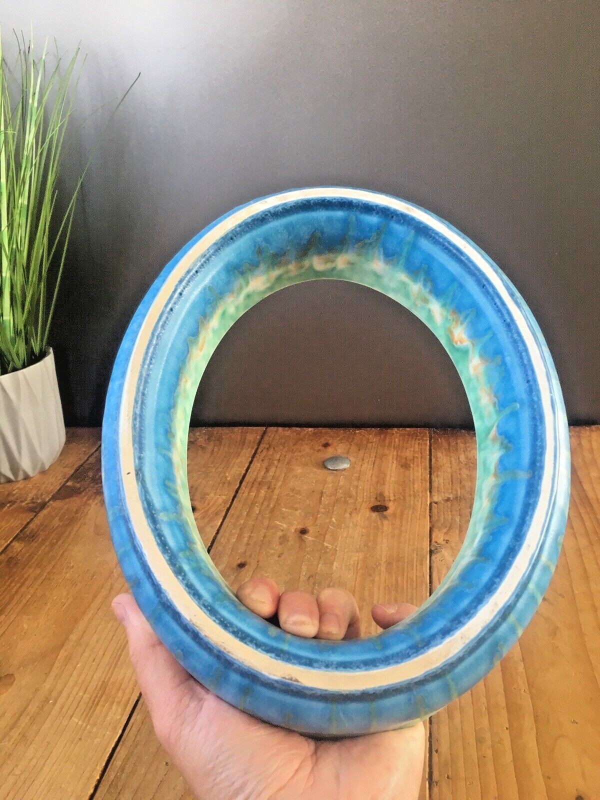 Superb Art Deco Blue Green Dripglaze Flower Posy Dish Flower Trough Ring Vase photo buy