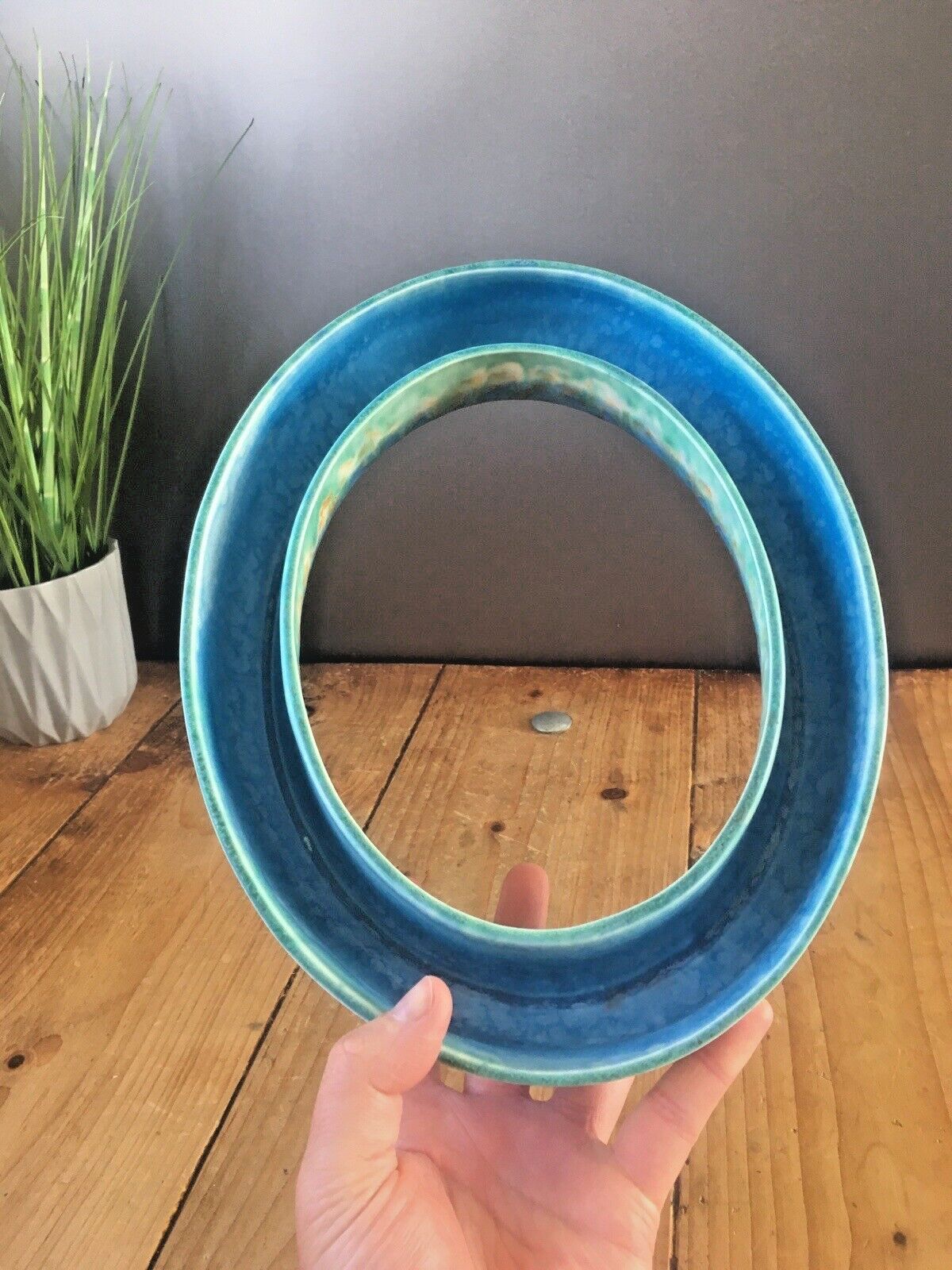 Superb Art Deco Blue Green Dripglaze Flower Posy Dish Flower Trough Ring Vase photo vintage