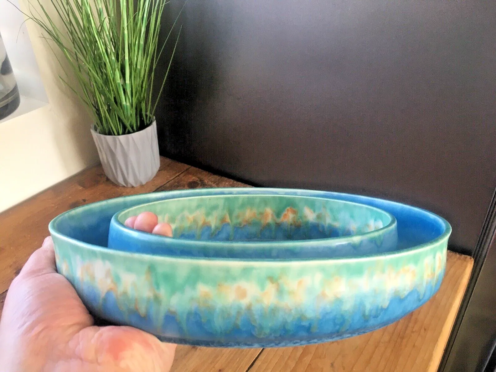 Home Decor Superb Art Deco Blue Green Dripglaze Flower Posy Dish Flower Trough Ring Vase photo