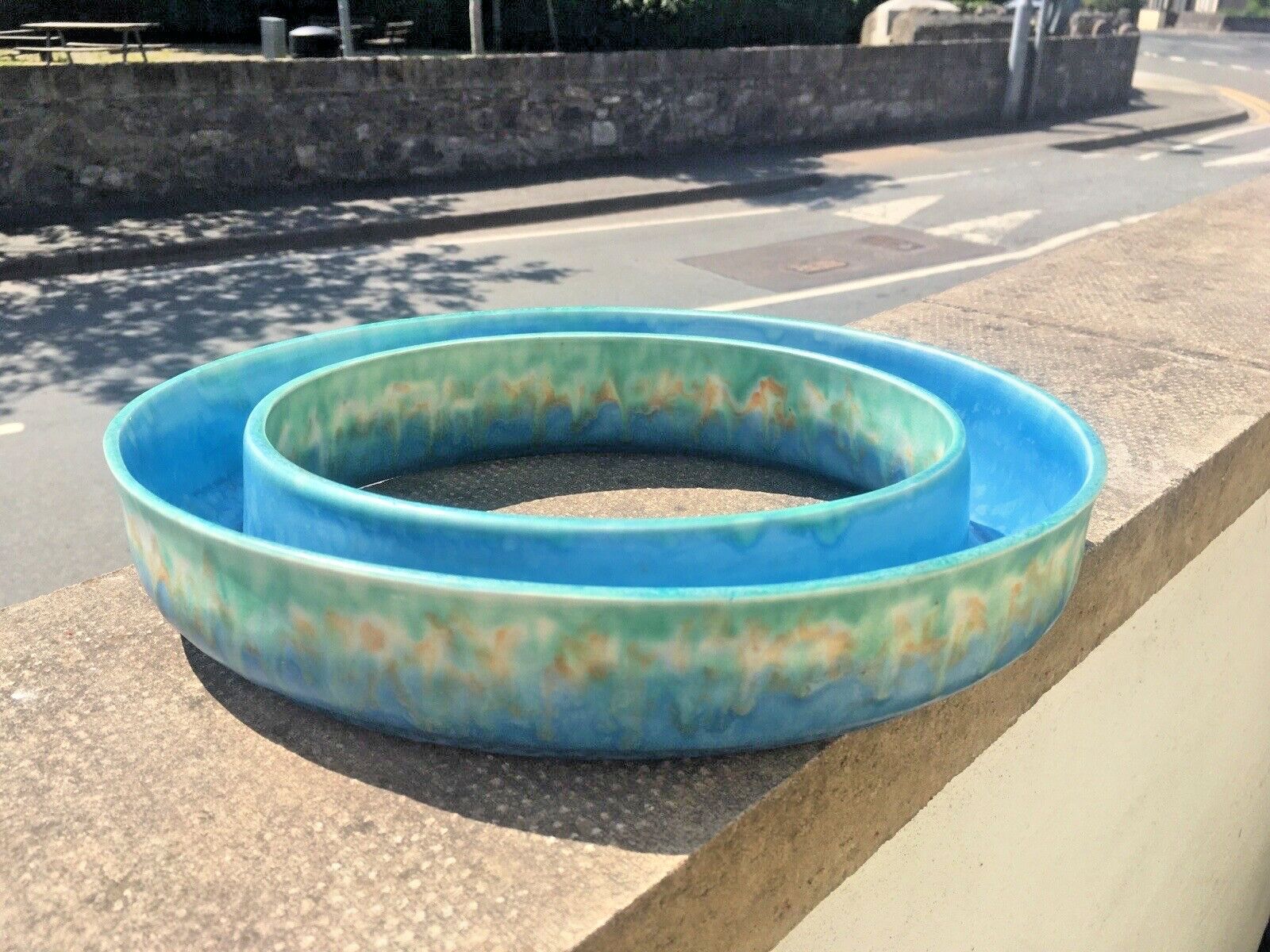 50.0 Superb Art Deco Blue Green Dripglaze Flower Posy Dish Flower Trough Ring Vase photo