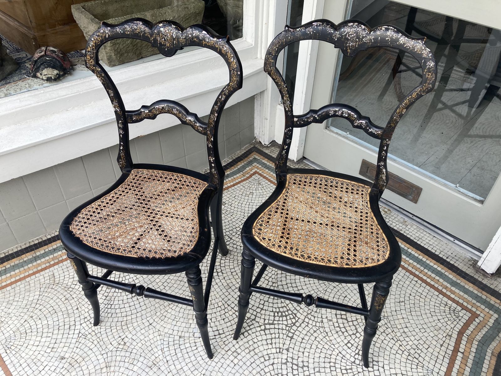 Pair Of Regency Bergere Occasional Chairs C1815 Ebonised With Gold Leaf & Mother Of Pearl Detail