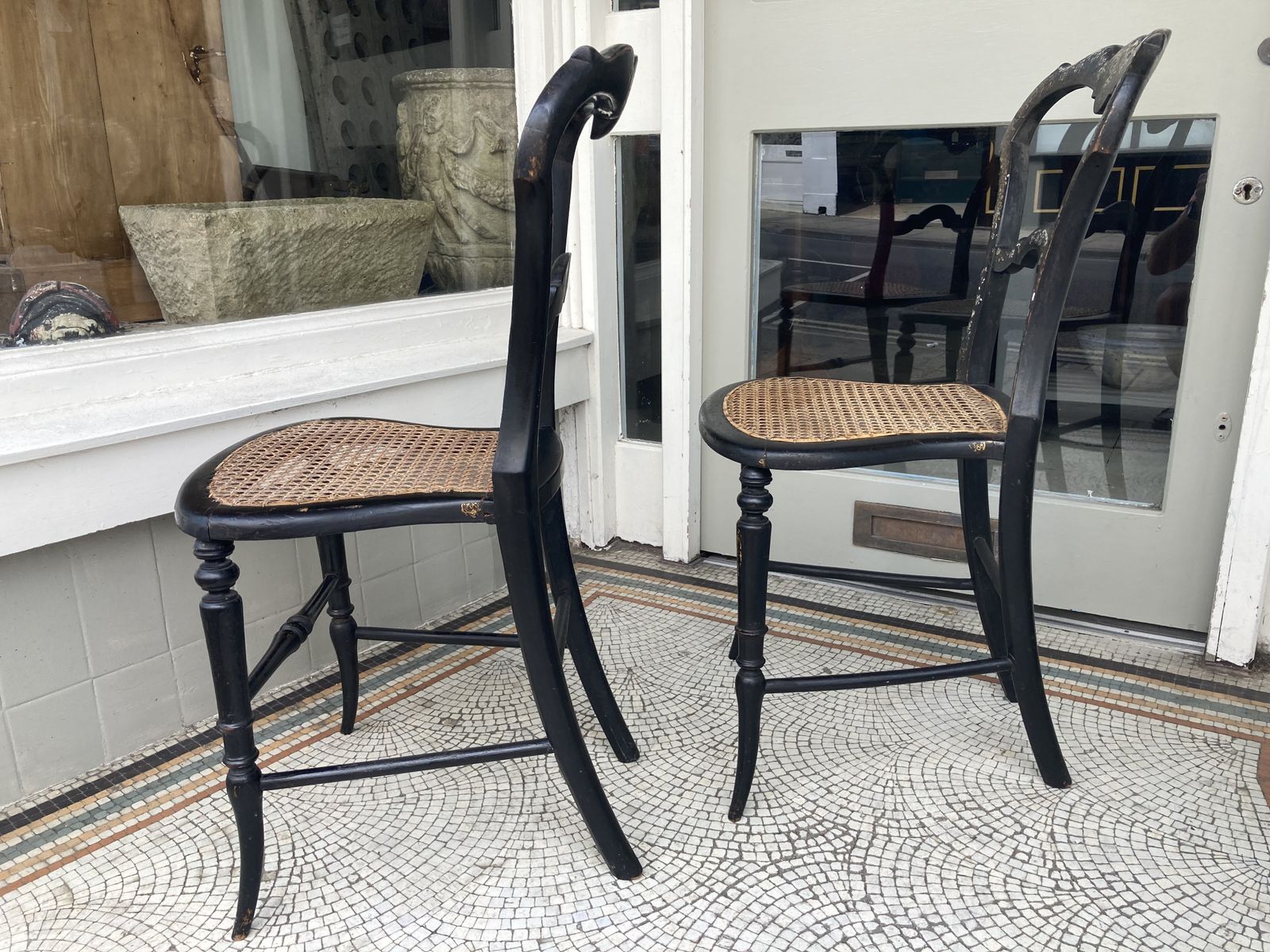 Pair Of Regency Bergere Occasional Chairs C1815 Ebonised With Gold Leaf & Mother Of Pearl Detail photo buy