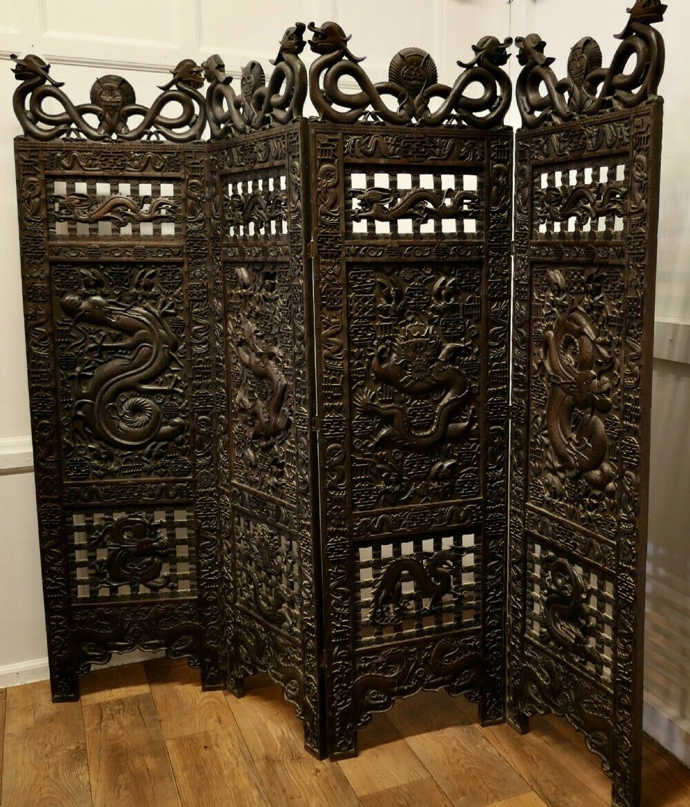 Large Heavy 19th Century Carved Chinoiserie 4 Fold Screen photo furniture
