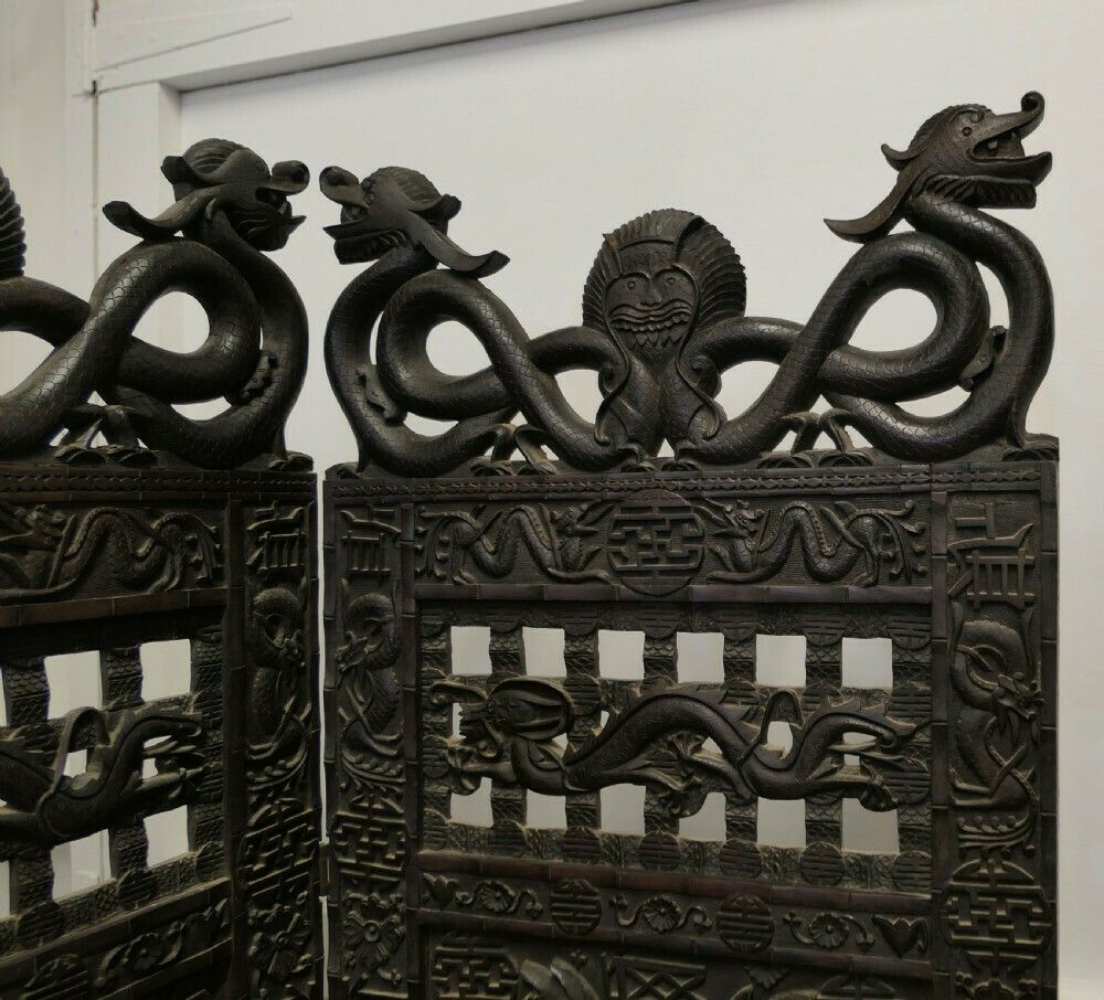 Large Heavy 19th Century Carved Chinoiserie 4 Fold Screen photo 2220.0