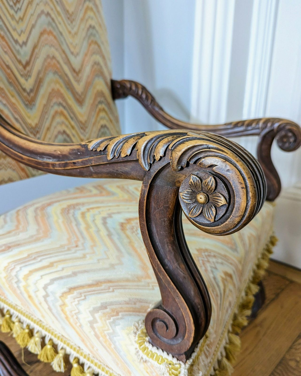A Charming French Antique Carved Walnut Framed Armchair In Louis XIV Style C1860 photo for sale