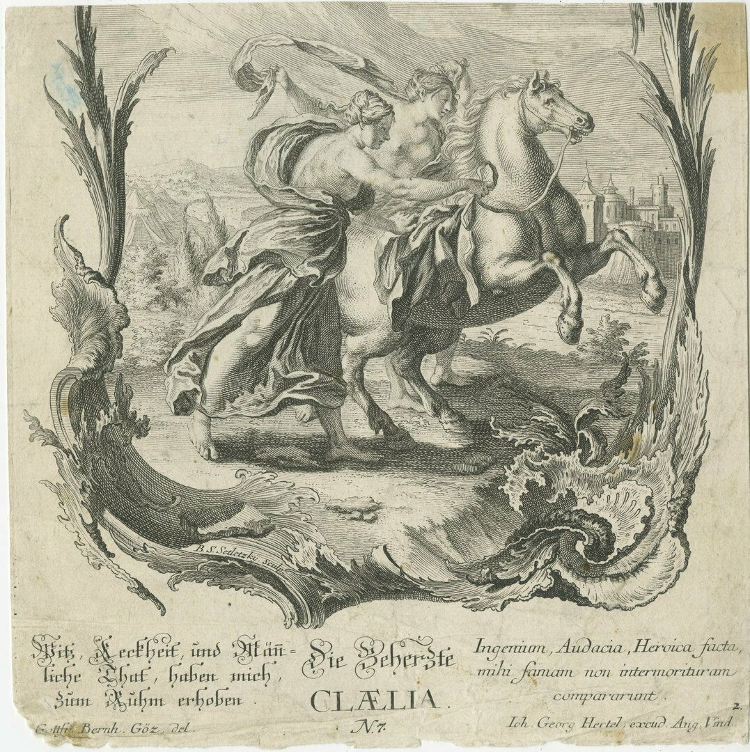 Antique Print Of Cloelia And Two Women Standing With A Horse