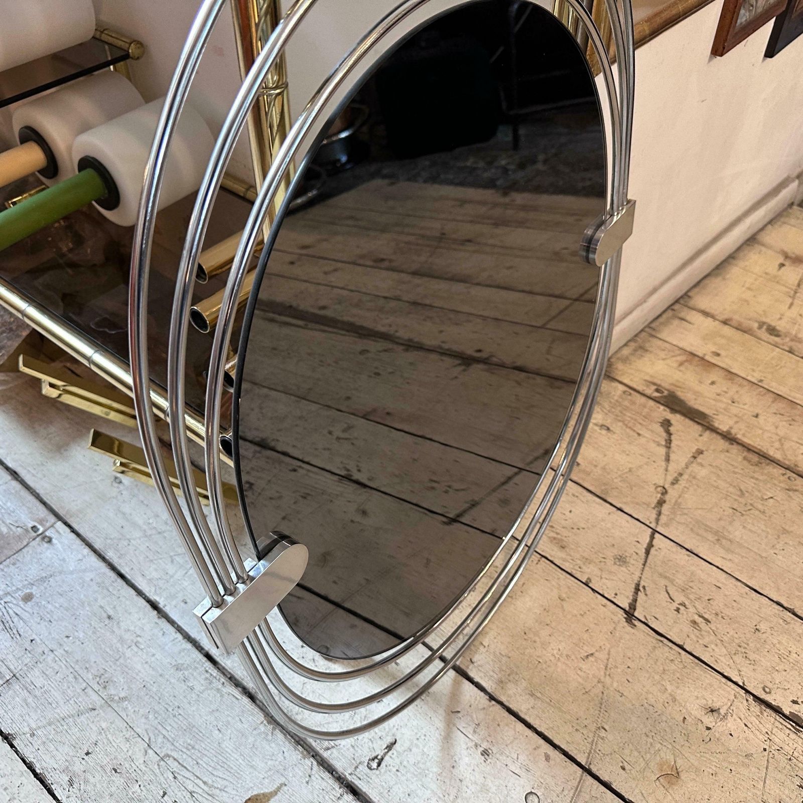 photo for sale 1970s Space Age Steel And Smoked Glass Oval Italian Wall Mirror