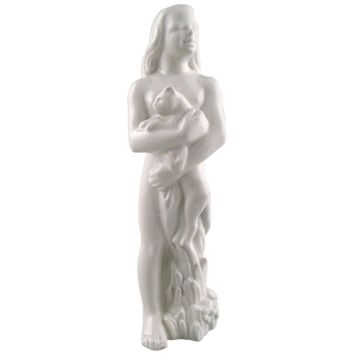 Harold Salomon For Rorstrand, White Glazed Figure Of A Girl With Cat