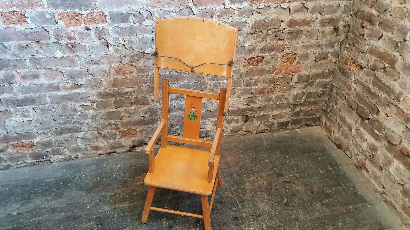 Vintage Retro Child’s Chair With Lift Over Eating Surface. Quirky Plant Stand. photo vinterior